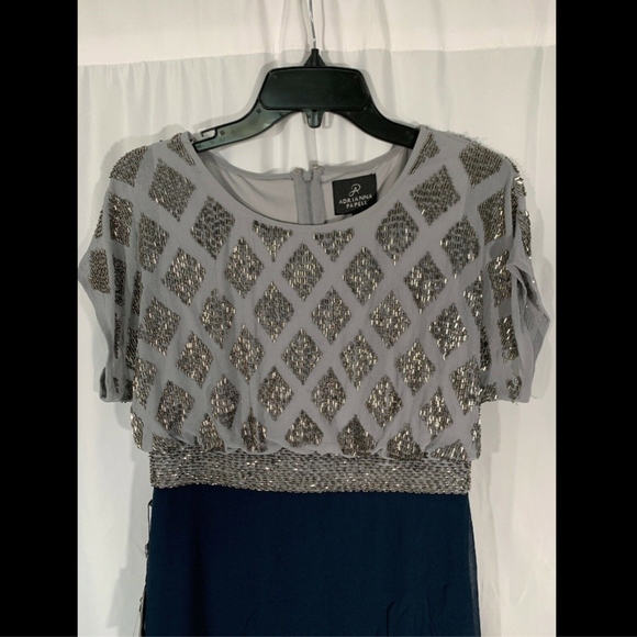 NWT Adrianna Papell‎ Beaded Colorblock Blouson Gown Silver Navy [SZ 6P ] #G497 - Picture 3 of 8